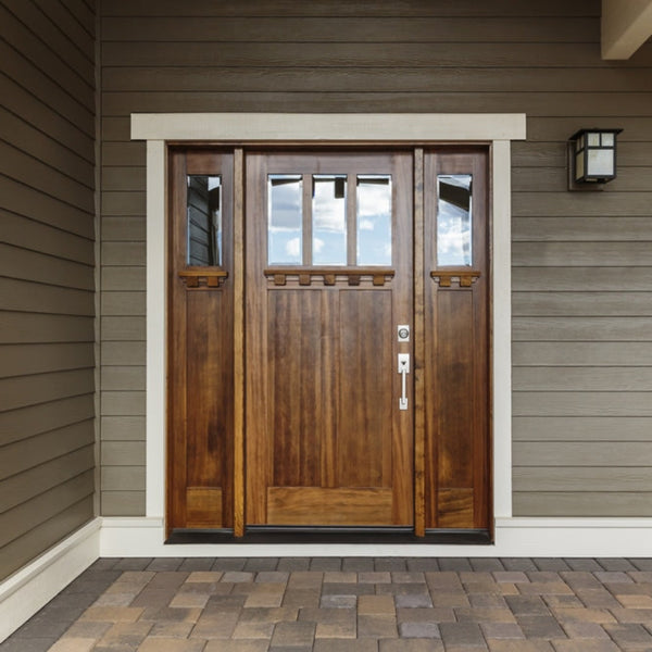 Solid wood exterior entry door installation featuring craftsman design with glass panels and secure hardware